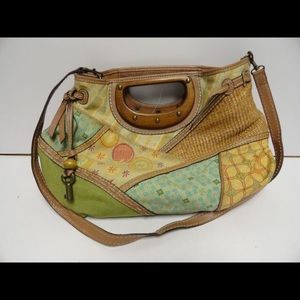 Fossil Patchwork Straw Tote w/wood handles